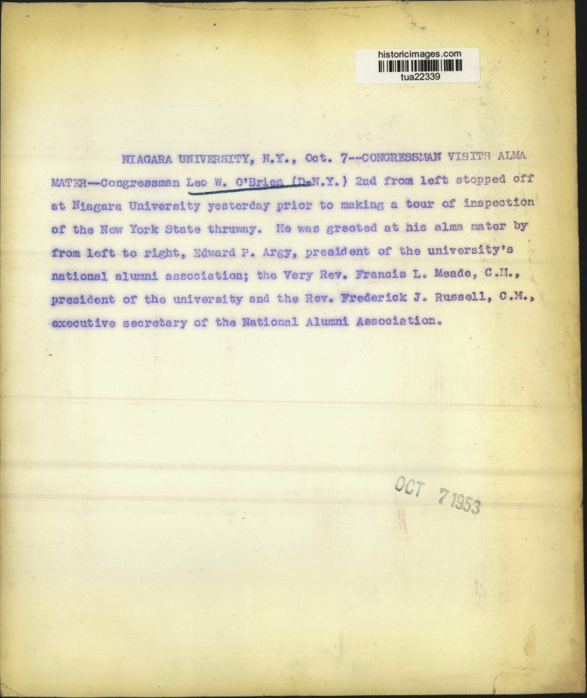 1953 Press Photo Congressman Leo W O'Brien (2nd L) visits Niagara University NY