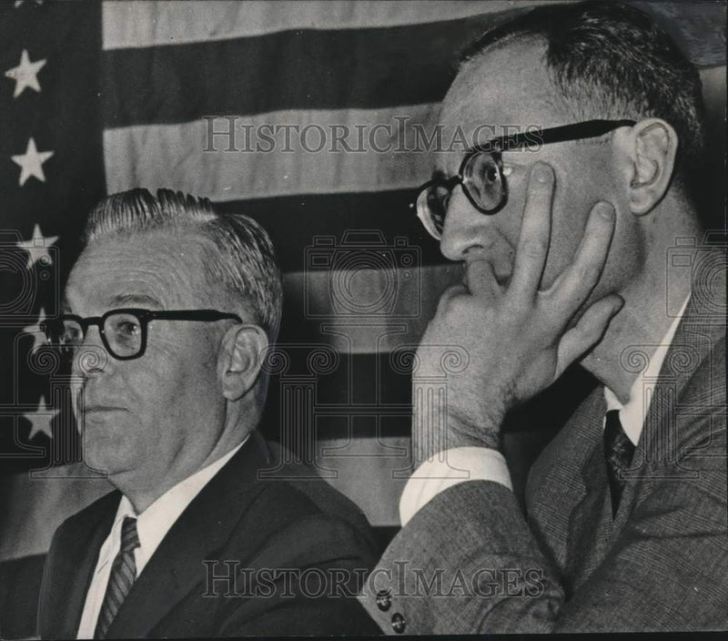 Load image into Gallery viewer, 1960 Press Photo Representative Leo O'Brien and Irwing Waxman in front of flag
