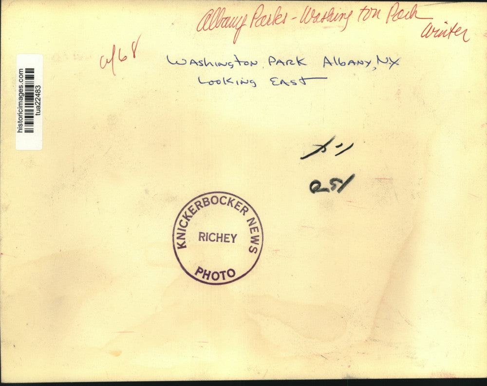 1968 Press Photo Snow covers tree branches and grass at Washington Park, Albany