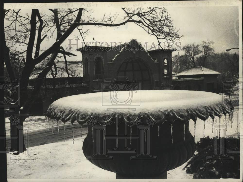 1972 Press Photo Flower bowl covered in ice, with the Lakehouse behind it Albany