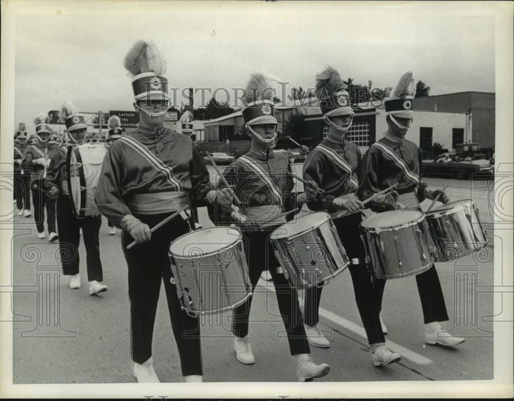 Press Photo Drummers perform from the &quot;Green Sabres&quot; marching band, NY- Historic Images