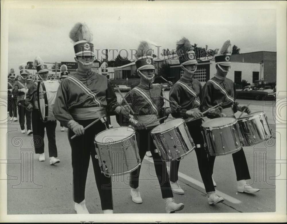 Press Photo Drummers perform from the "Green Sabres" marching band, NY- Historic Images