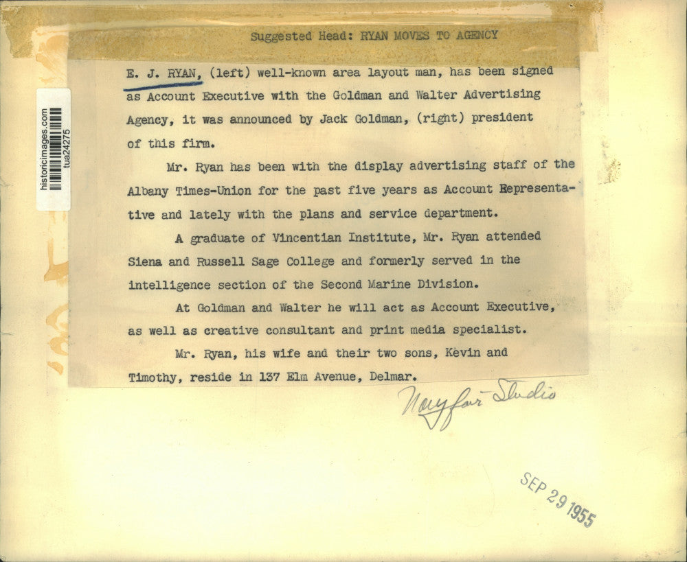 1955 Press Photo E.J. Ryan joins Goldman and Walter Advertising in Albany, NY