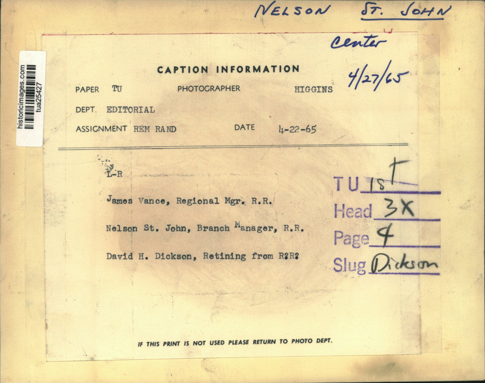 1965 Press Photo James Vance, Nelson St John & David Dickson at retirement party