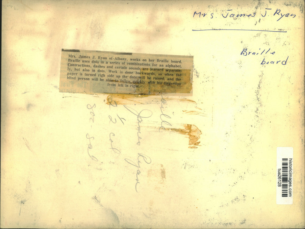 Press Photo Mrs. James Ryan creates a document using a Braille board in New York