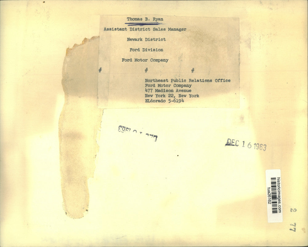 1963 Press Photo Thomas B Ryan Assistant District Sales Manager, Ford Motor Co