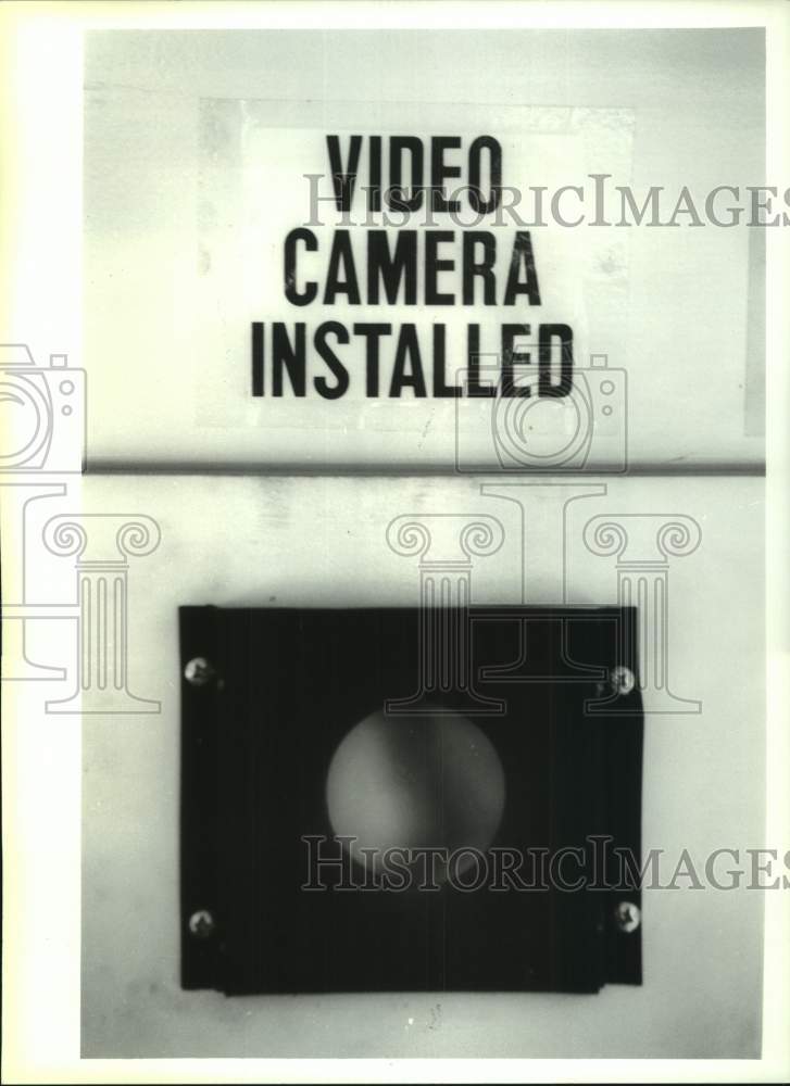 1994 Press Photo Sign for video camera mounted in Glenville, New York school bus- Historic Images