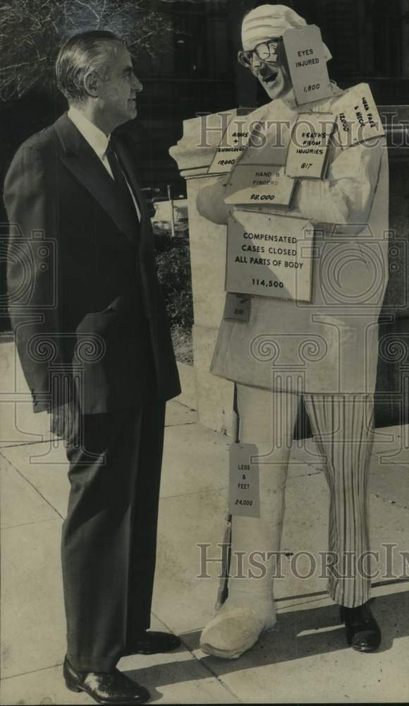 1958 Press Photo Industrial safety dramatization outside New York State Capitol