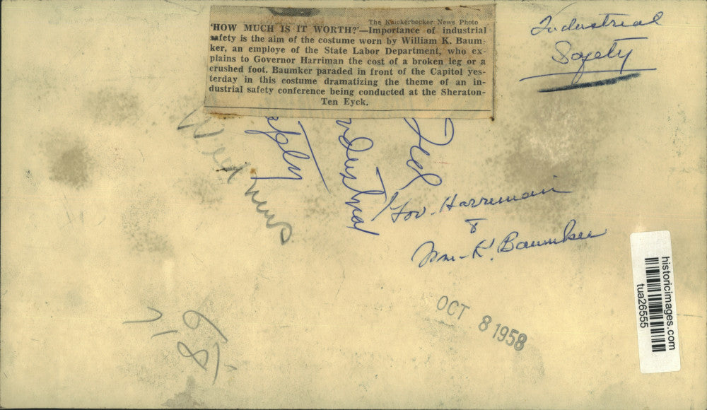 1958 Press Photo Industrial safety dramatization outside New York State Capitol