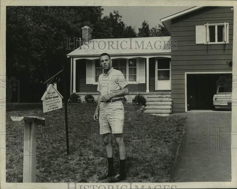 Load image into Gallery viewer, 1964 Press Photo Johannes Olsen stands outside home for sale in Burnt Hills, NY
