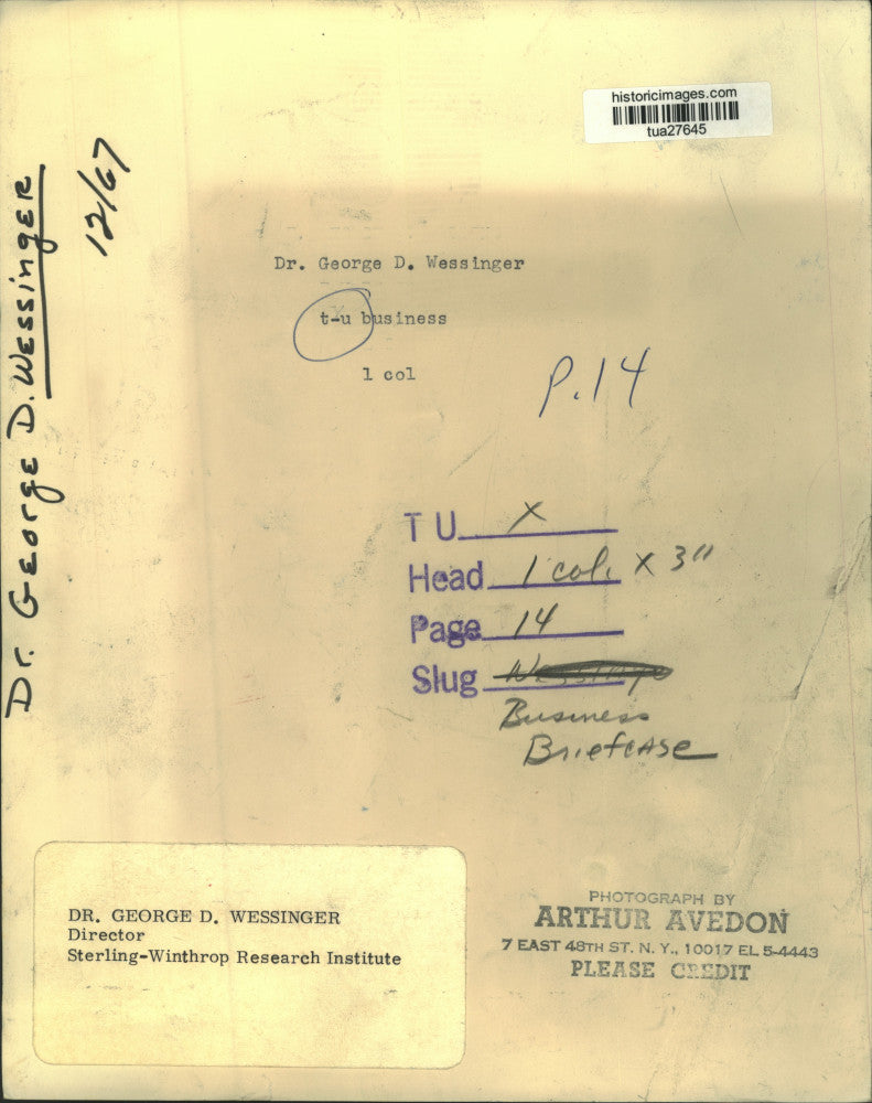 1967 Press Photo Dr. George Wessinger, Steriling-Winthrop Research Institute, NY