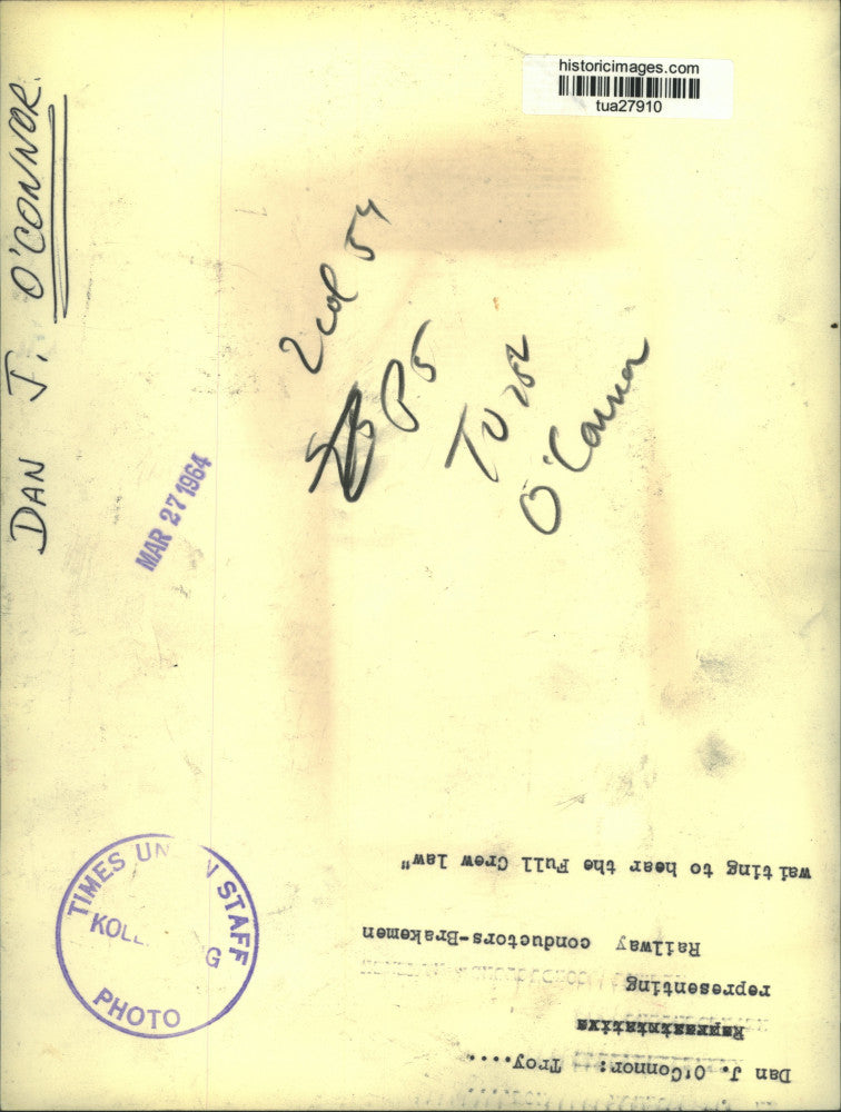 1964 Press Photo Dan O'Connor represents railway workers in Troy, New York