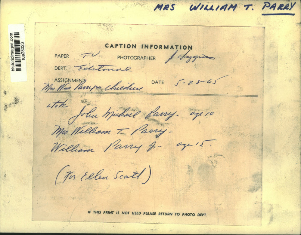 1965 Press Photo Mrs William T Parry and her sons, John Michael & William Jr