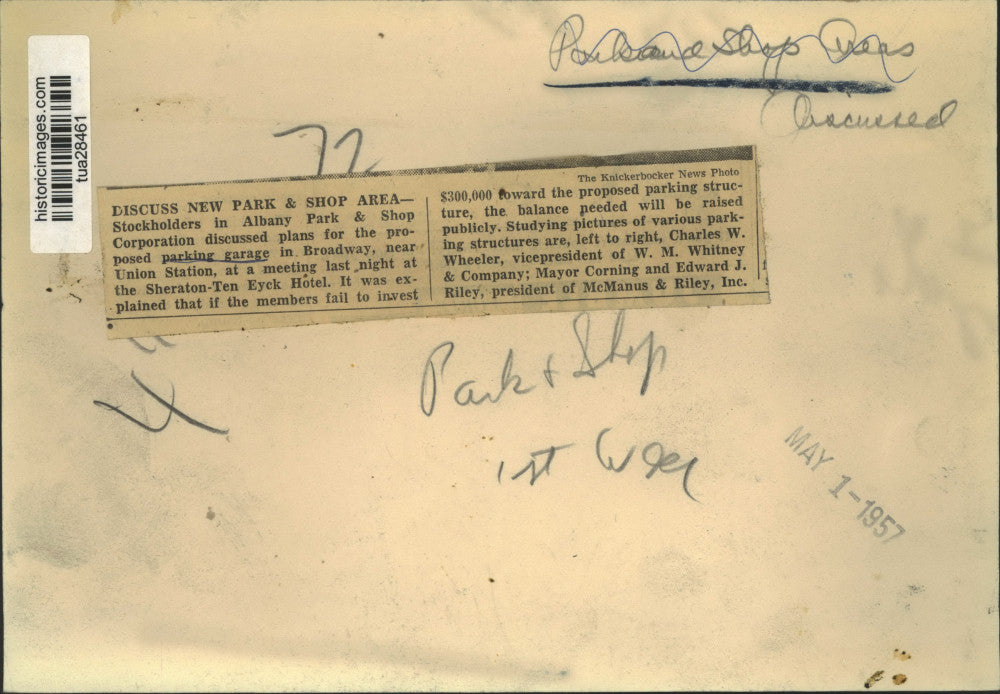 1957 Press Photo Officials discuss parking garage planned for Albany, New York