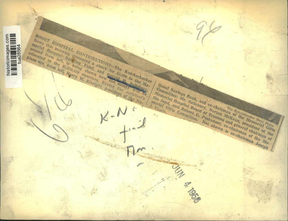 1956 Press Photo Officials look over Memorial Hospital blueprints in Albany, NY