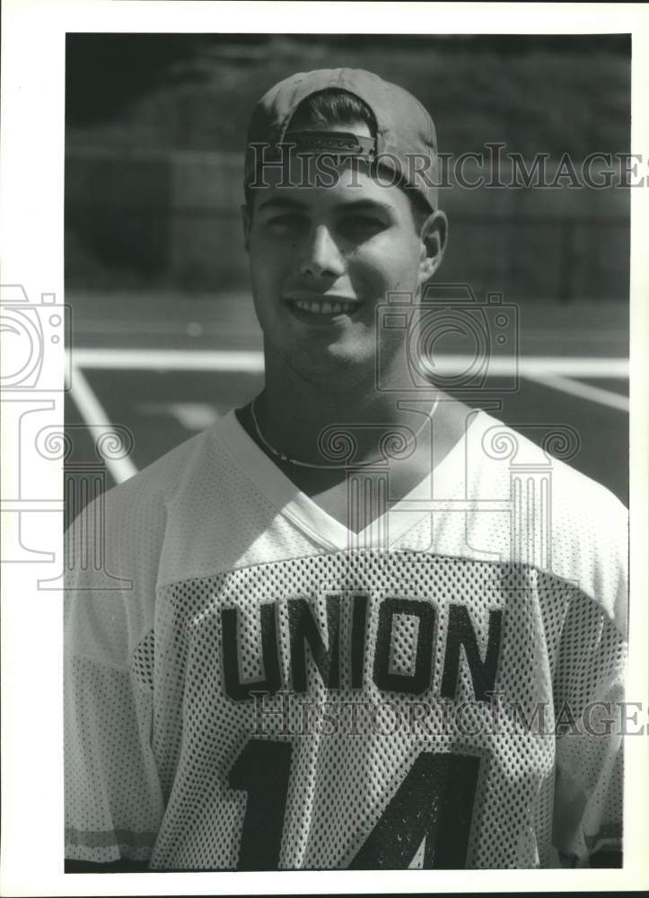 Press Photo Union College football player #14 poses for photo during practice- Historic Images