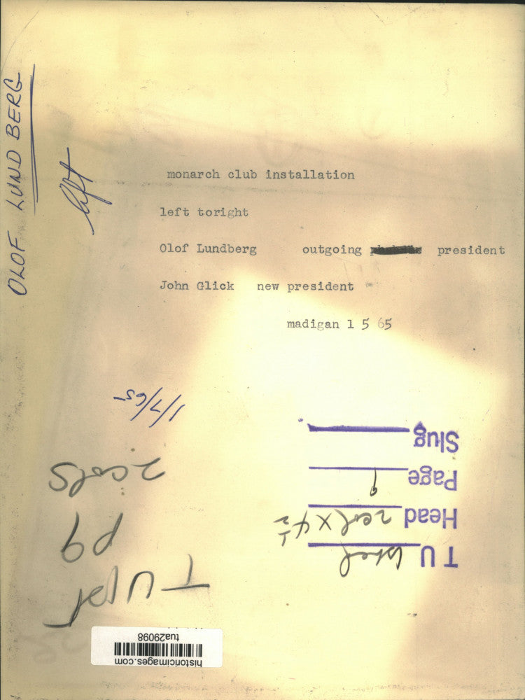 1965 Press Photo Olof Lundberg & John Glick, Monarch Club officials, New York