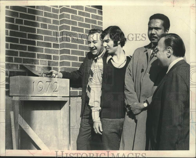 Load image into Gallery viewer, 1972 Press Photo Mont Pleasant HS staff installs cornerstone on new addition
