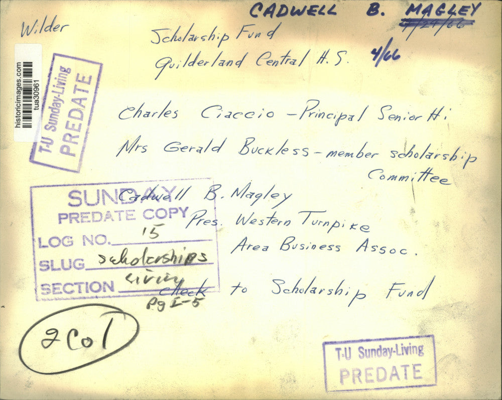 1966 Press Photo Businessman donates to Guilderland, NY high school scholarship