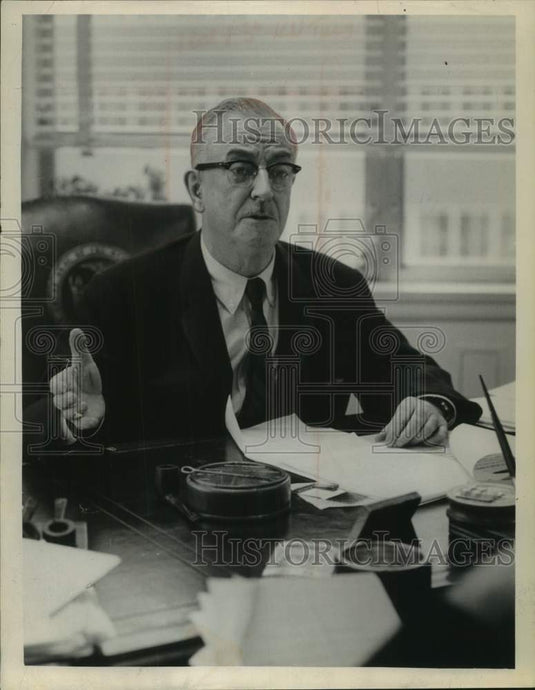 1963 Press Photo Frank C Moore, NY State University Board of Trustees at desk