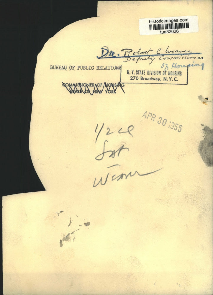 1955 Press Photo Dr. Robert C. Weaver, New York State Commissioner of Housing