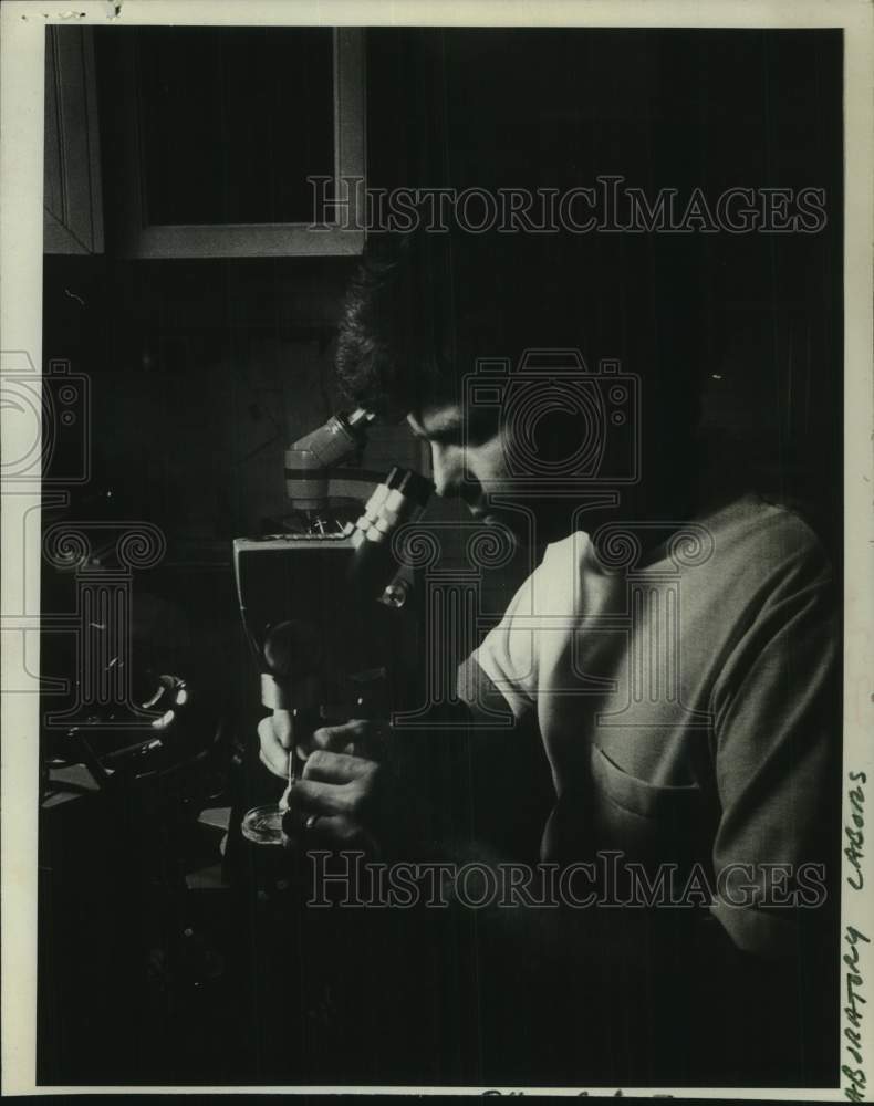Load image into Gallery viewer, 1975 Press Photo Don Malloy looks through microscope to study black flies.
