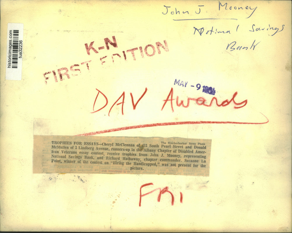 1964 Press Photo John J Mooney, National Savings Bank, presents trophies to kids