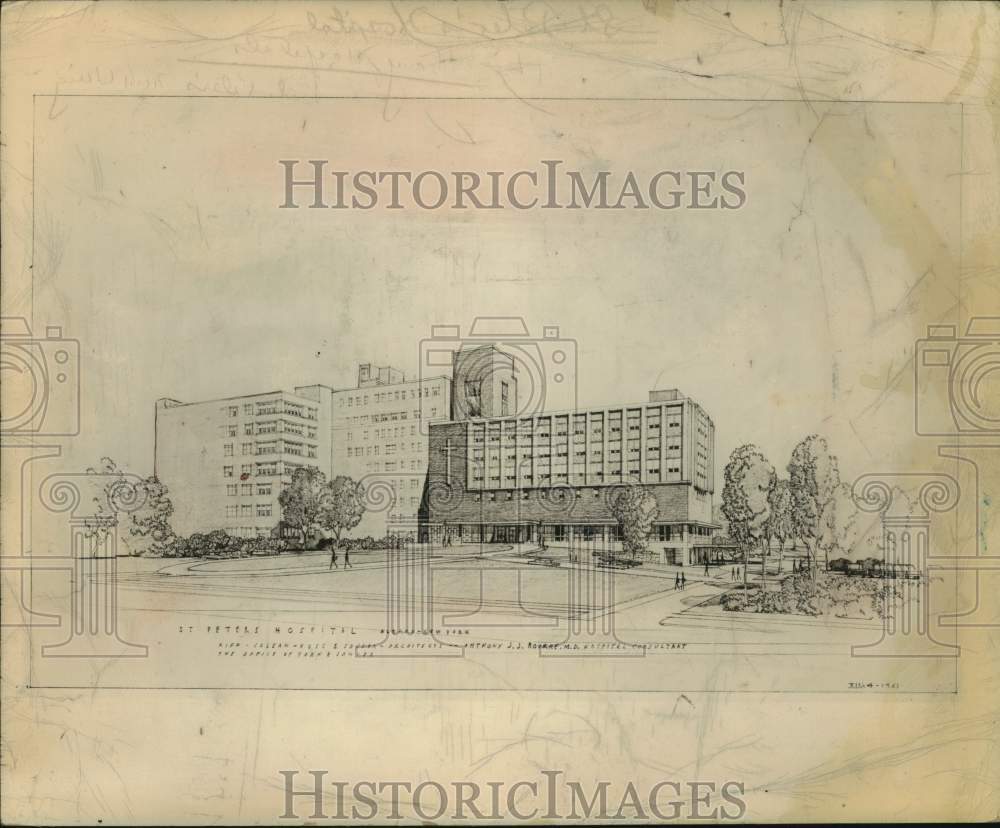 1962 Press Photo Sketch of proposed new wing at St. Peter's Hospital, Albany, NY