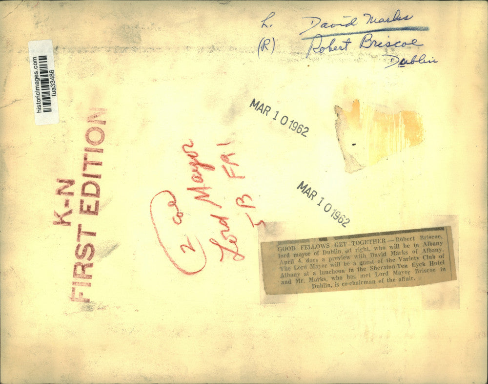 1962 Press Photo David Marks with Lord Mayor Robert Briscoe in Albany, New York