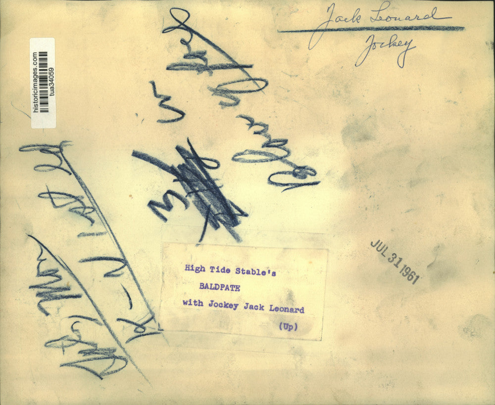 1961 Press Photo High Tide Stable's "Baldpate" race horse & Jockey Jack Leonard