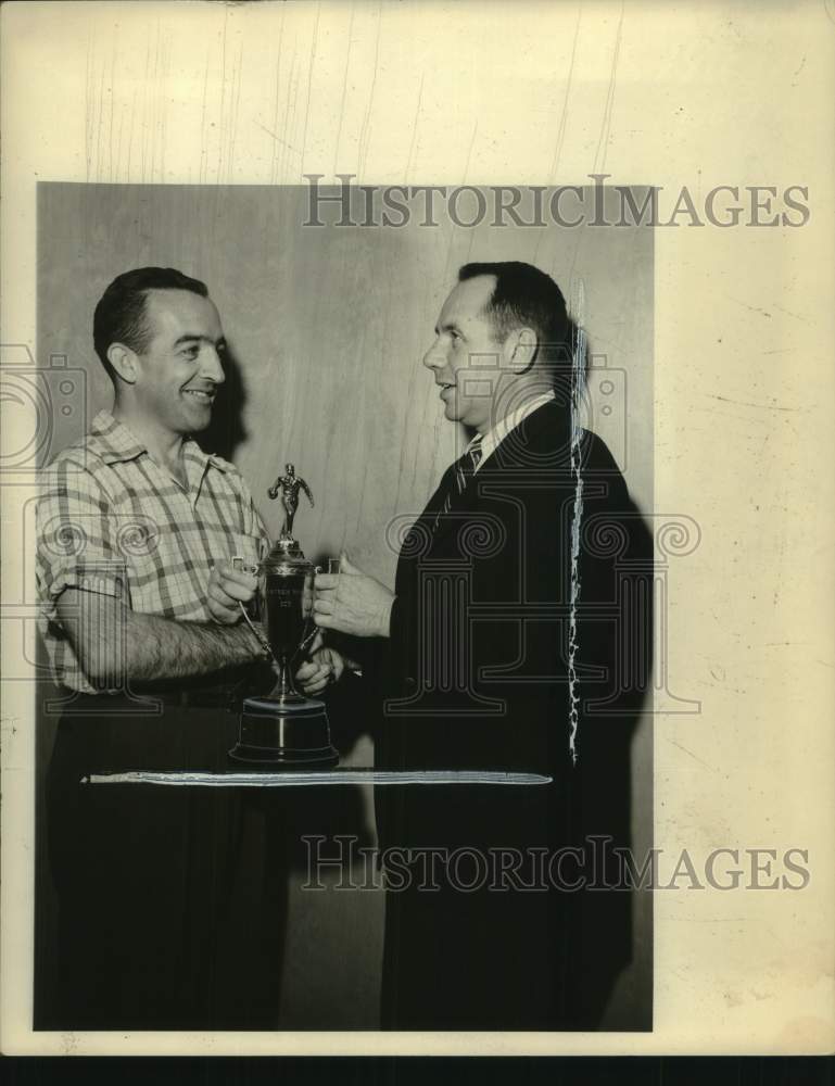 Press Photo Latham, New York bowler receives trophy for perfect game - tua39252- Historic Images