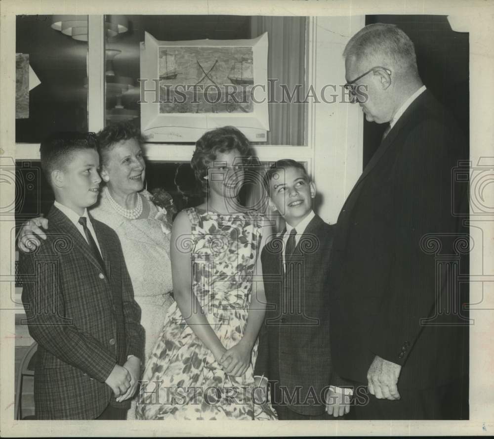 1961 Press Photo Board of Education member chats with honor graduates, New York- Historic Images