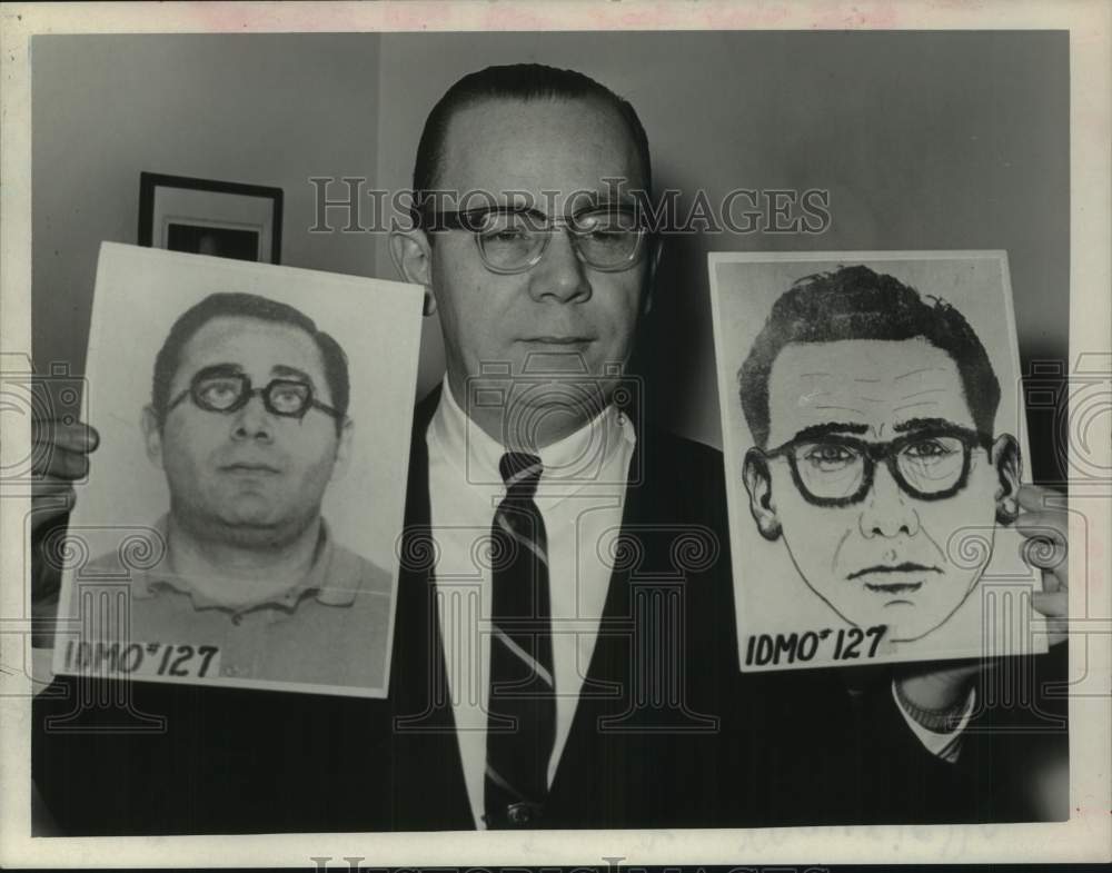 1968 Press Photo Frank Mauriello exhibits police sketches in Albany, New York- Historic Images