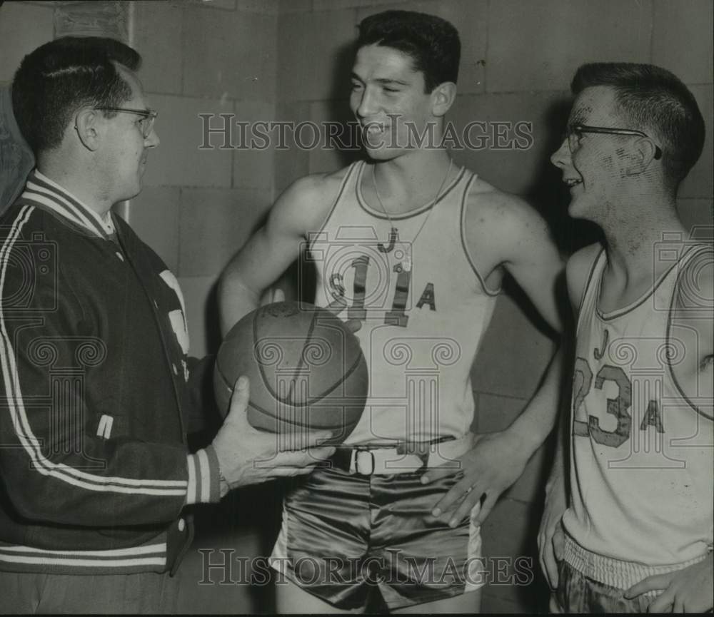 1956 Press Photo St. John&#39;s Academy basketball players &amp; coach, Rensselaer, NY- Historic Images