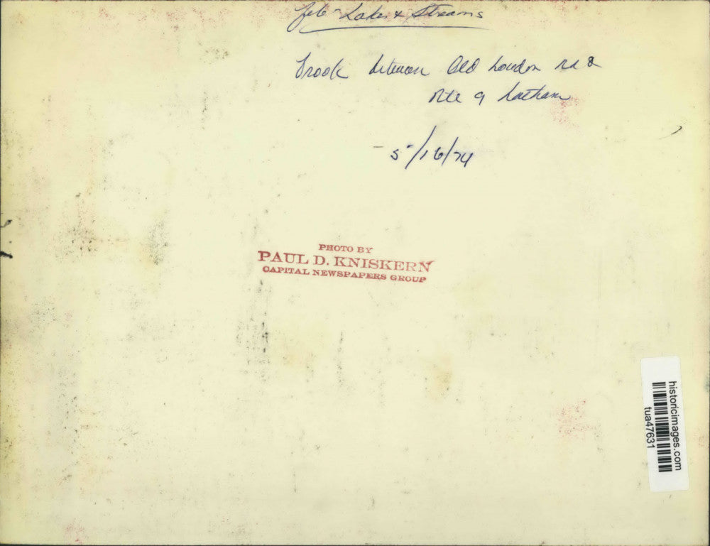 1974 Press Photo Small brook runs through field near shops in Latham, New York