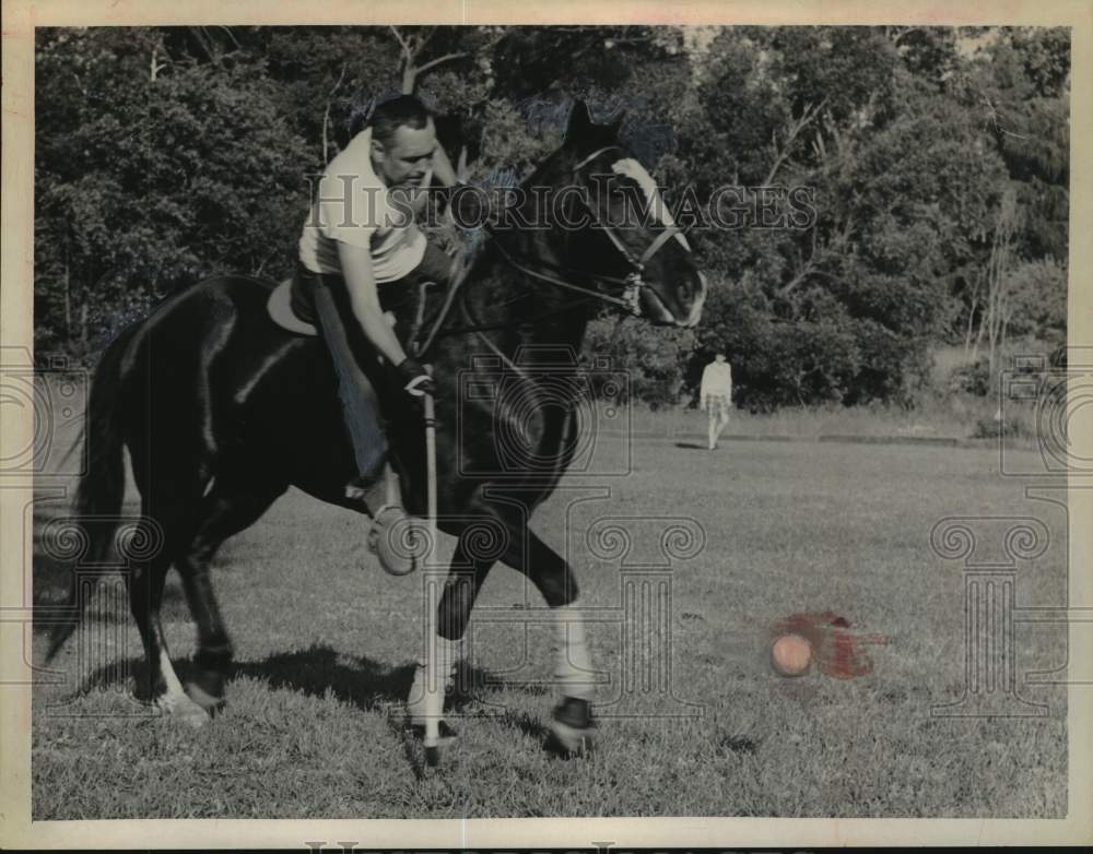 1965 Press Photo Player strikes ball with mallet in New York polo match- Historic Images