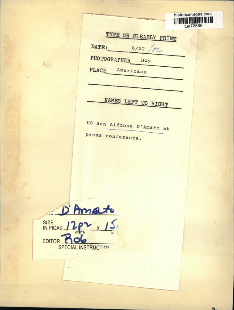 1986 Press Photo New York Senator Alfonse D'Amato at press conference