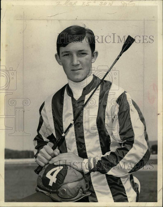 1968 Press Photo Bob Bourget poses with riding crop & helmet in New York- Historic Images