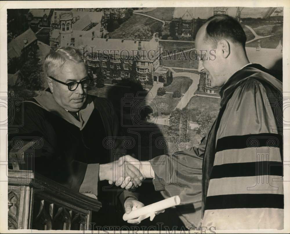 1961 Press Photo John O. Amstuz hands scroll to William M. Dietel in New York