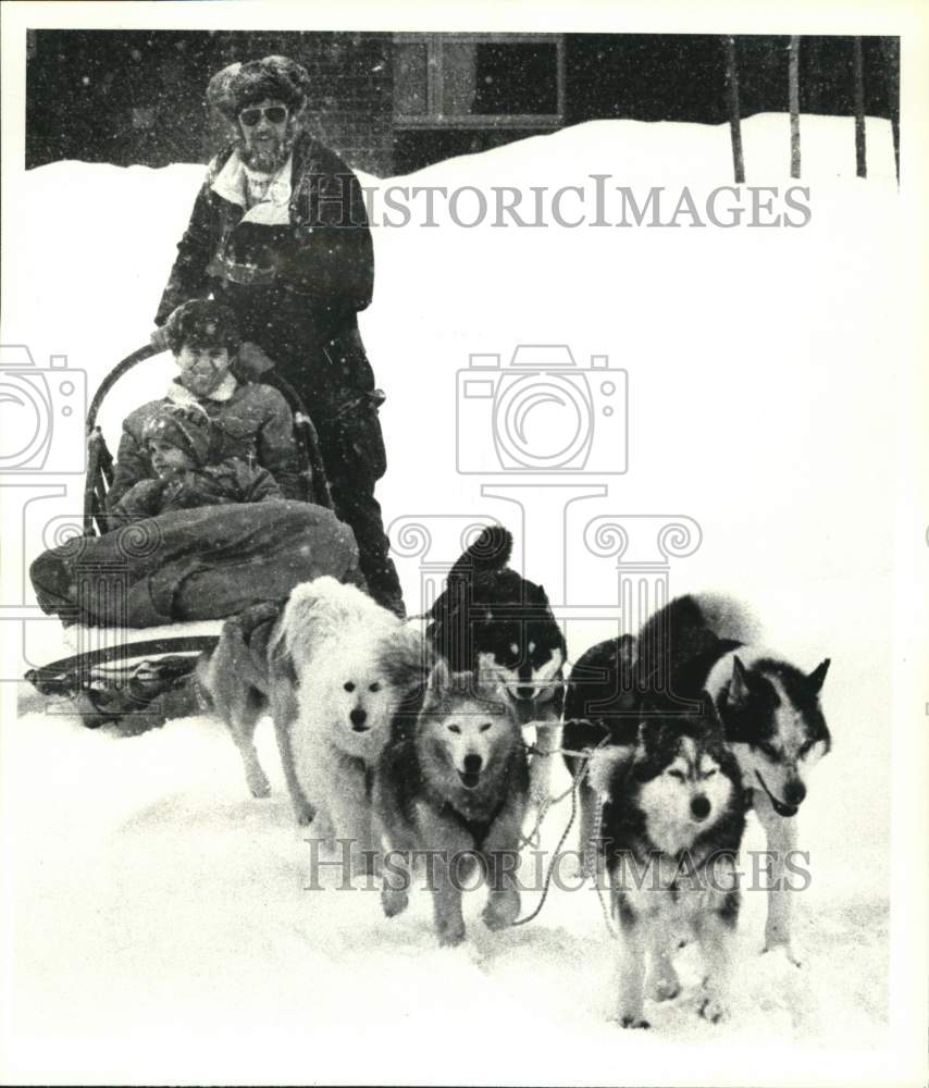 1990 Press Photo Sled dog team pulling family on sled in Clifton Park, New York- Historic Images