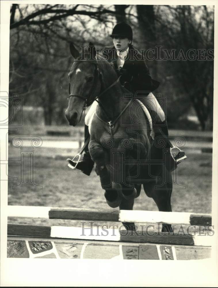 1985 Press Photo Rider leaps steeplechase barrier on horse in New York- Historic Images