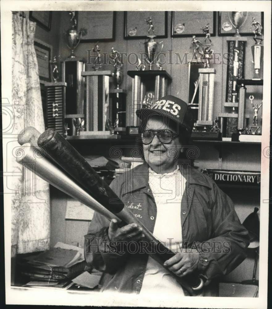 1983 Press Photo Mary Hmura with ball bats and trophies in Mechanicville- Historic Images