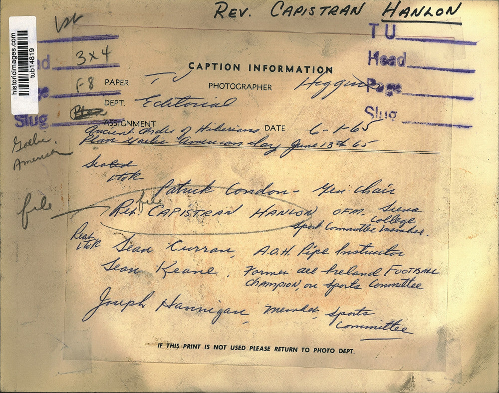 1965 Press Photo Capistran Hanlon and Ancient Order of Hibernians, New York