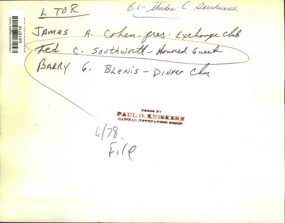 1978 Press Photo Honored Guest Ted C. Southworth at Exchange Club of Albany Mtg