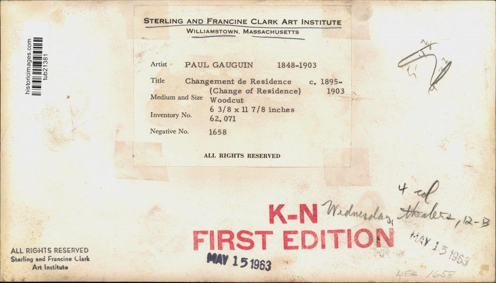 1963 Press Photo "Changement de Residence" Woodcut by Artist Paul Gauguin