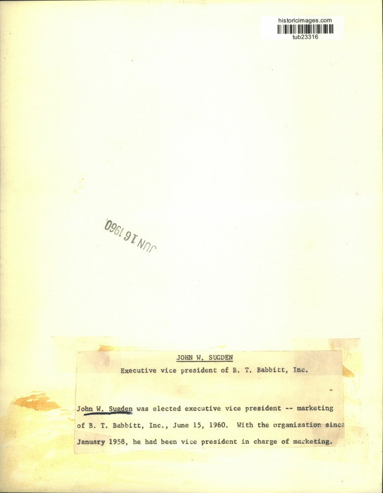 1960 Press Photo John W. Sugden, Marketing Executive at B.T. Babbitt, Inc.