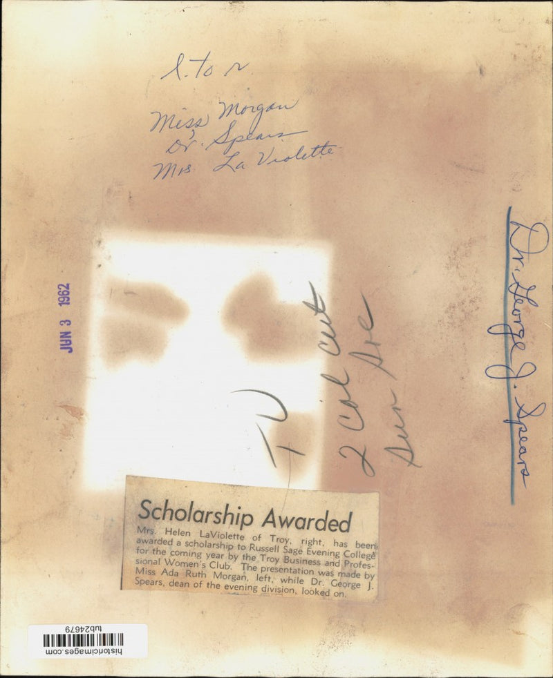 Load image into Gallery viewer, 1962 Press Photo Helen LaViolette Awarded Scholarship to Russell Sage Evening
