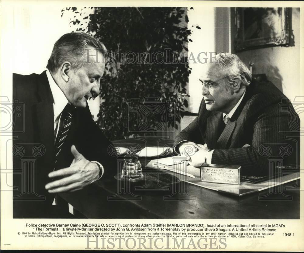 1980 Press Photo George C. Scott and Marlon Brando star in &quot;The Formula.&quot;- Historic Images