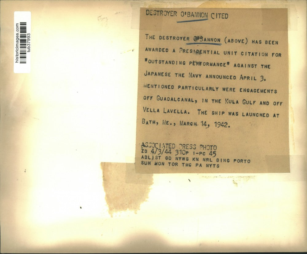 1944 Press Photo Destroyer O'Bannon awarded Presidential Unit Citation.