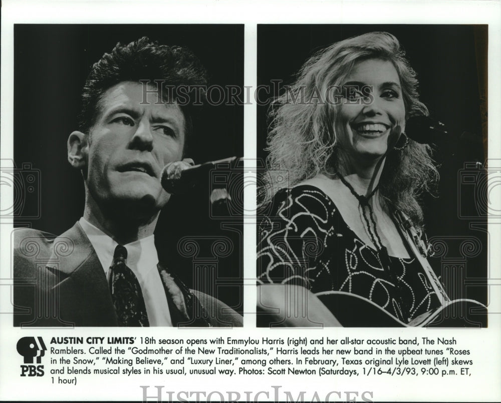 1993 Press Photo Lyle Lovett &amp; Emmylou Harris appear on PBS&#39; Austin City Limits- Historic Images